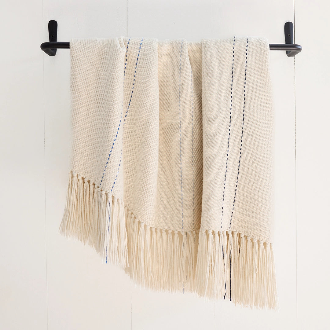 Ivory with Blue Accents Alpaca Handwoven Short Warp Throw