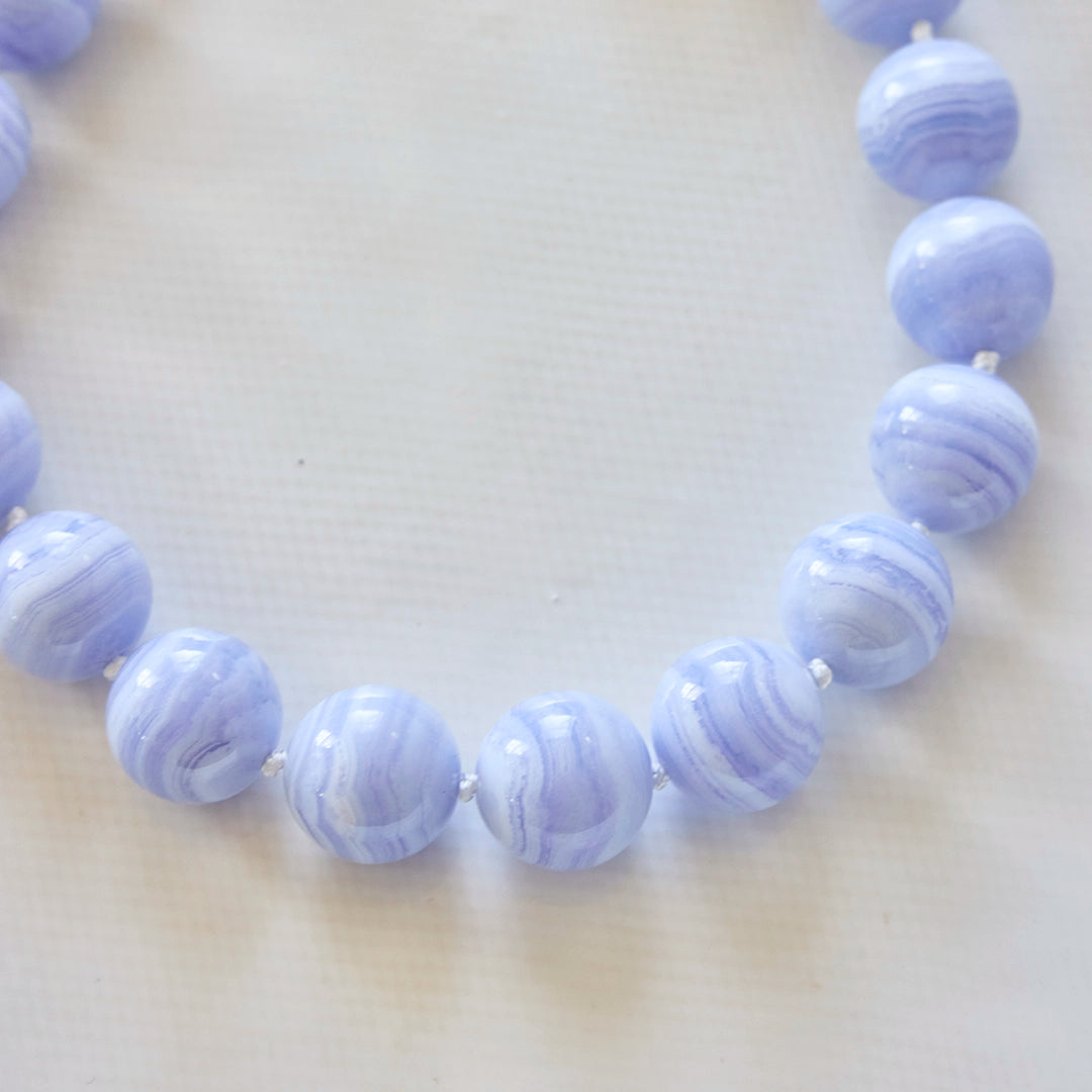 Close-up of a Peggy Silverstein Lace Blue Agate Necklace