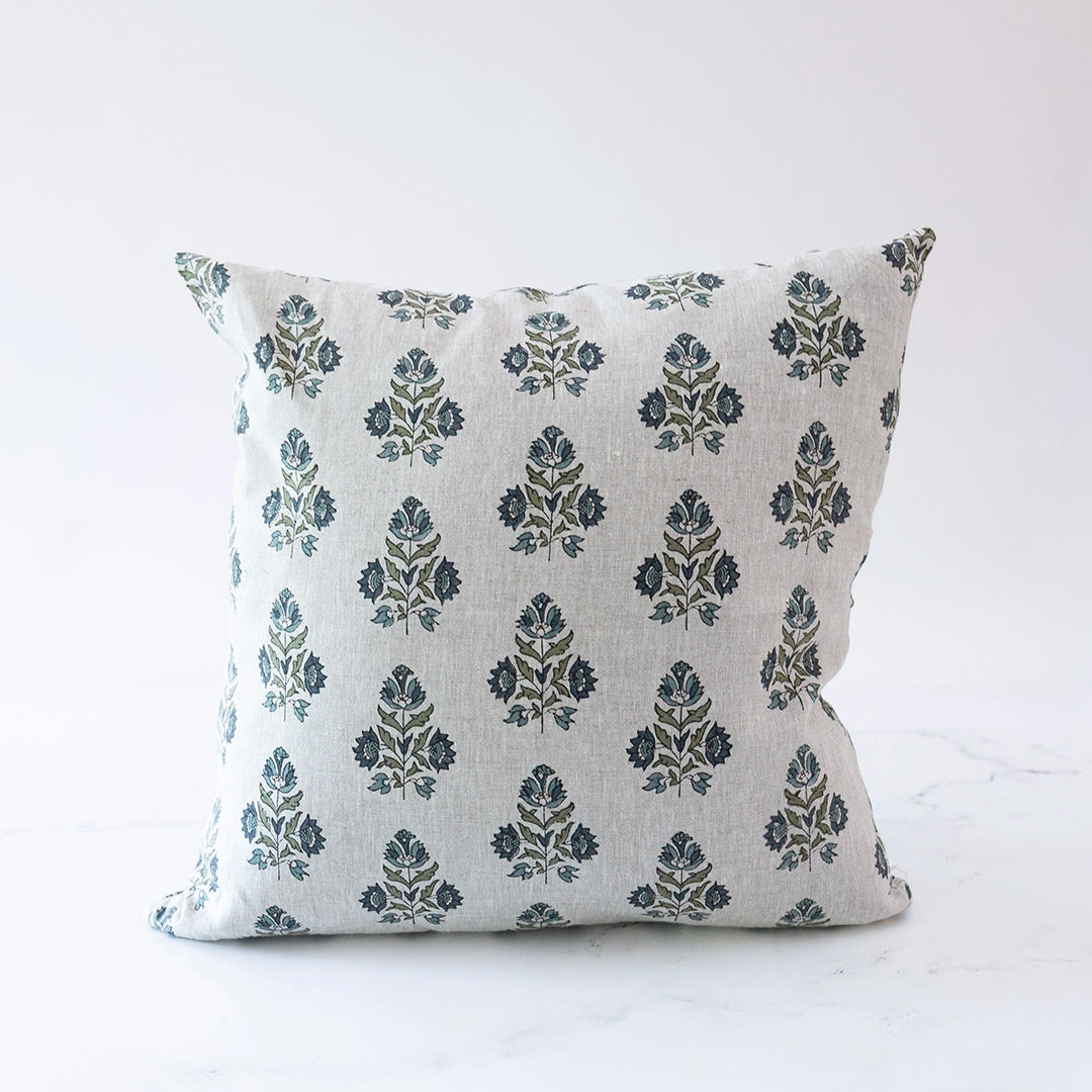 Blue Floral Linen Pillow