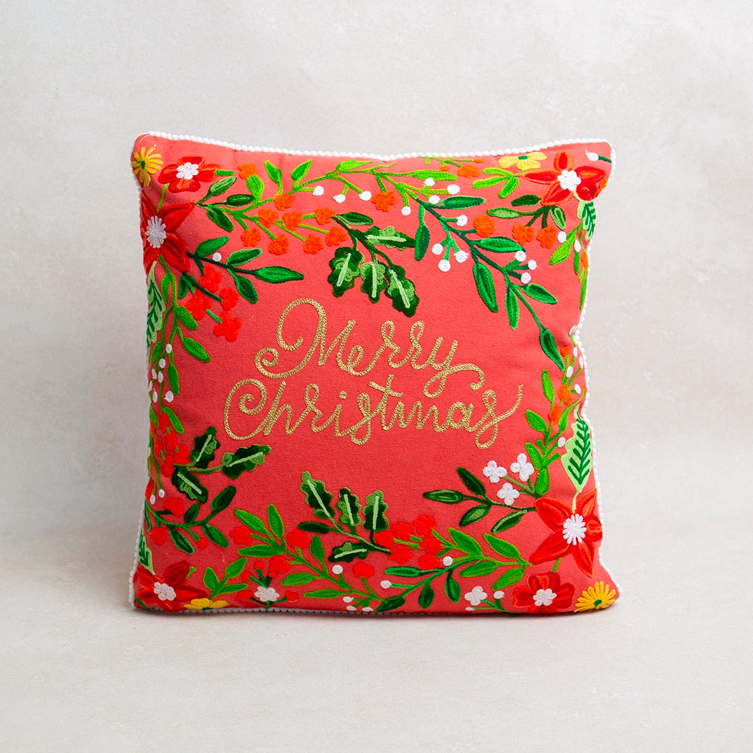 Floral "Merry Christmas" Pillow