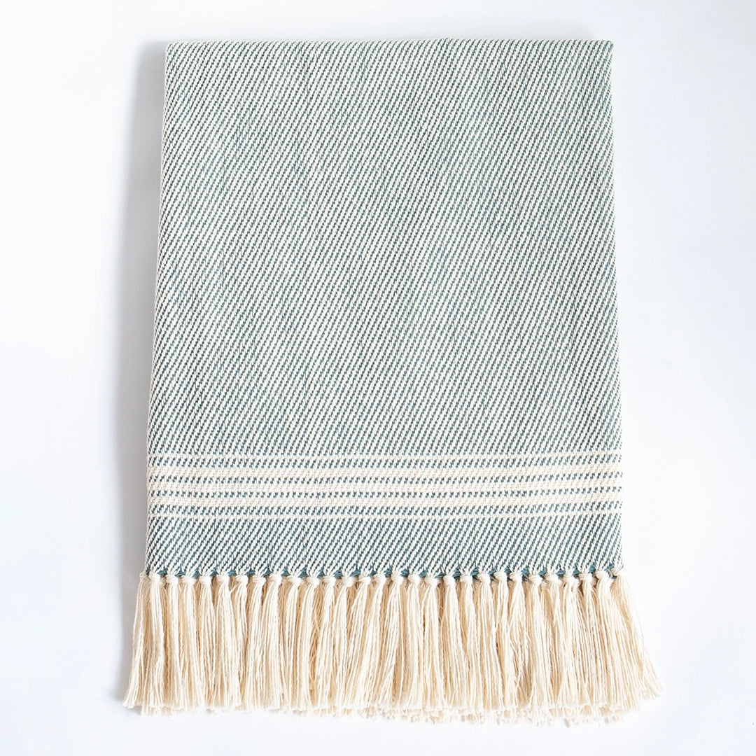 Seagreen and Ivory Stripe Handwoven Cotton Throw