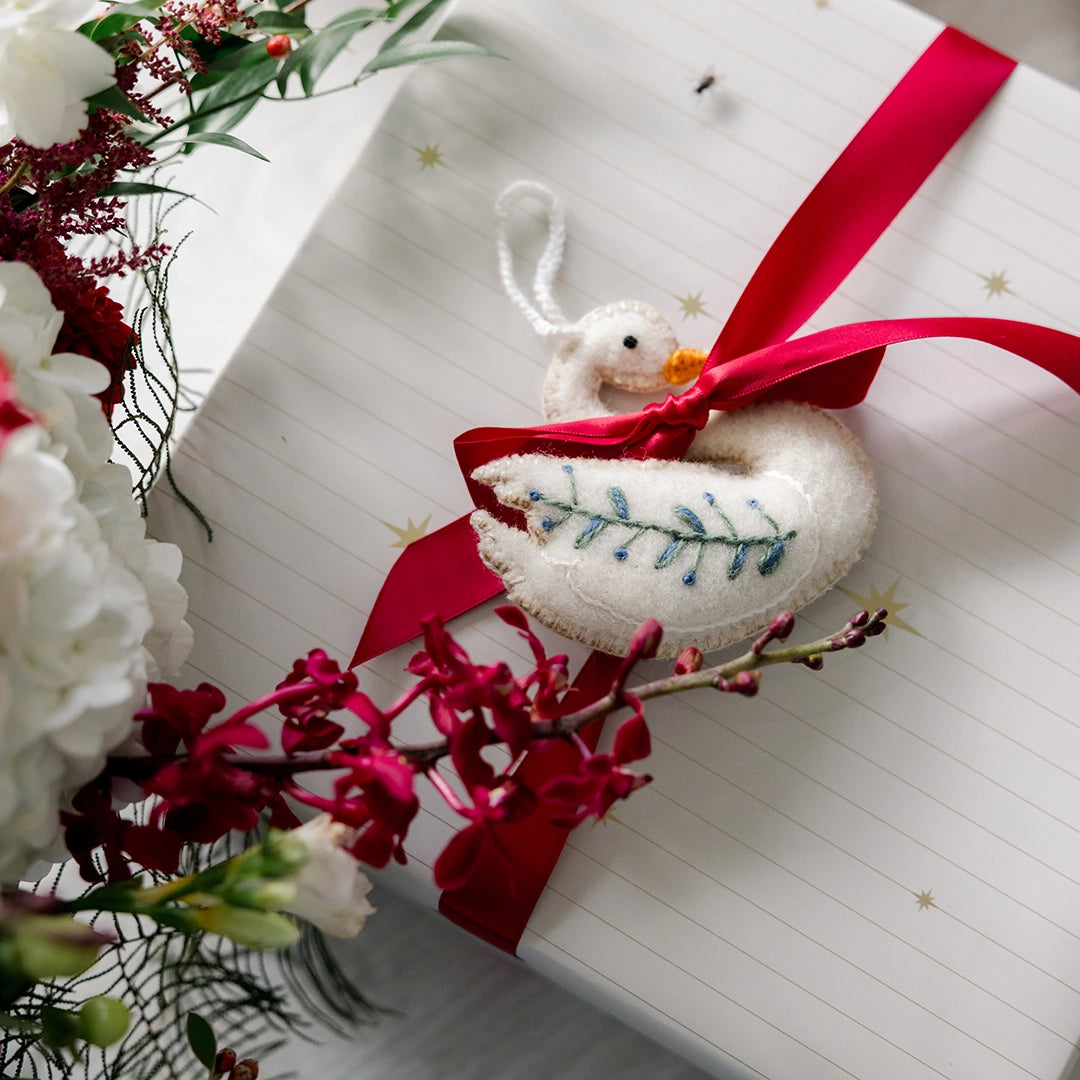 Embroidered Felt Swan Ornament