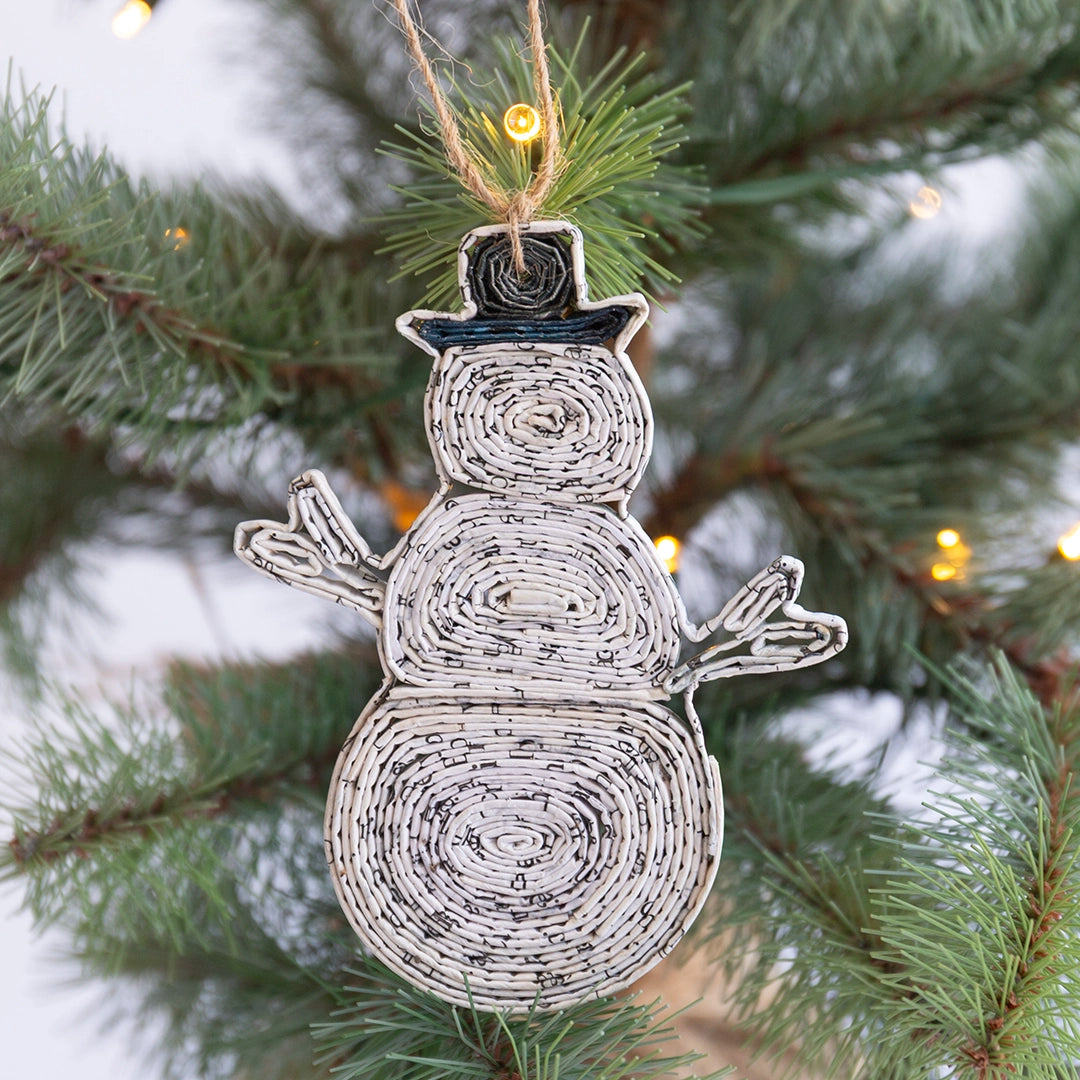Recycled Newspaper Snowman Ornament
