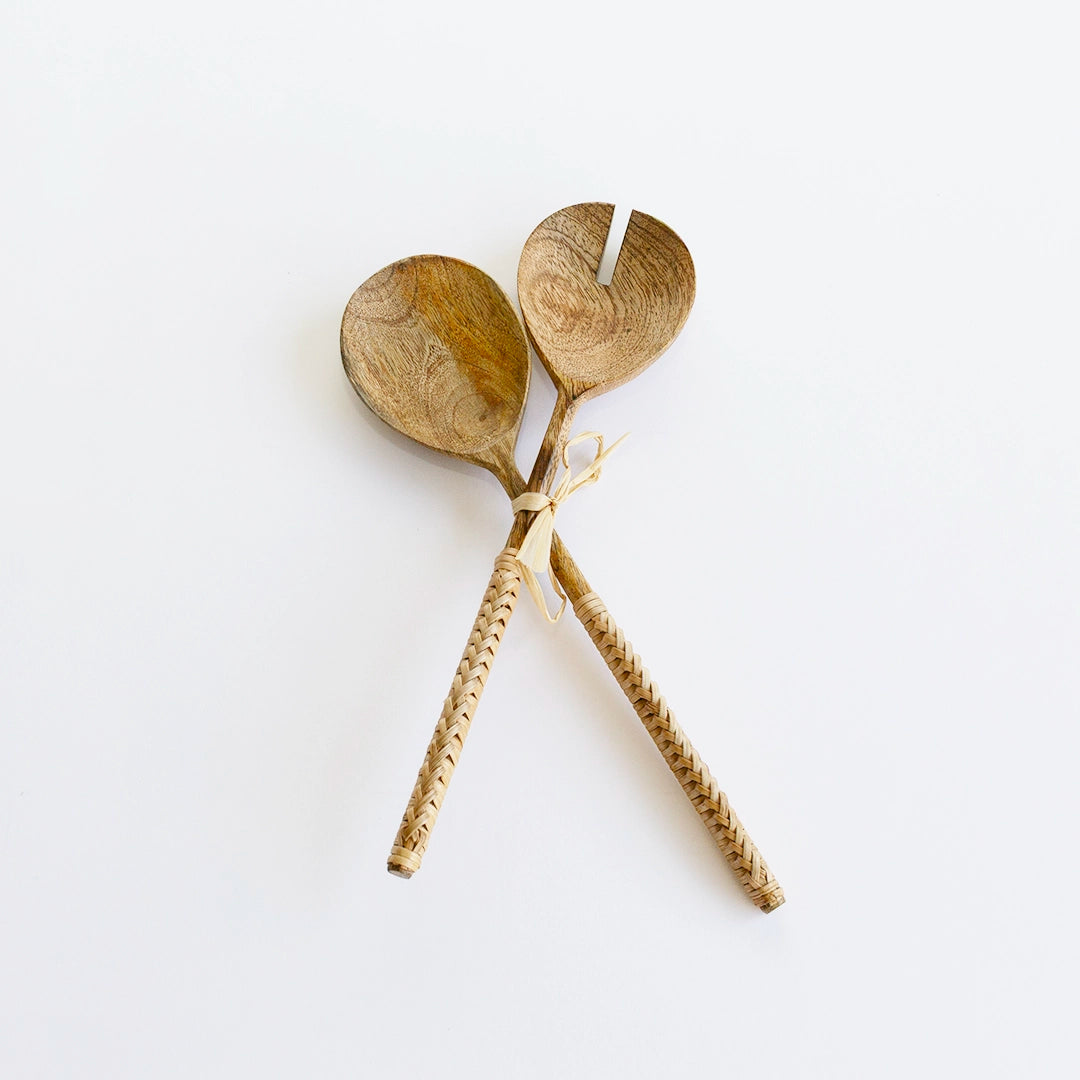 Wood and Rattan Salad Servers