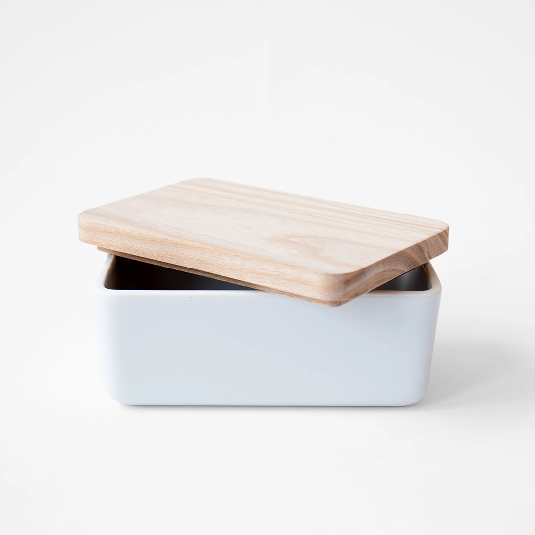 White Stoneware Canister with Wood Lid