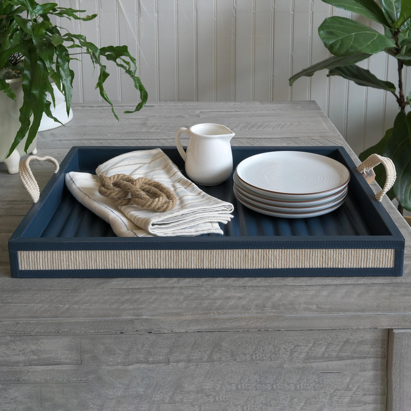 Navy Leather Trays with Cotton Handles