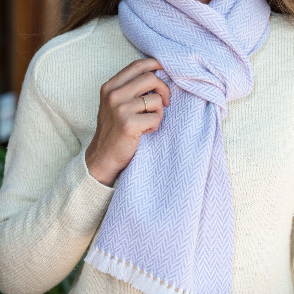 Pale Lavender & White Herringbone Handwoven Cashmere Scarf