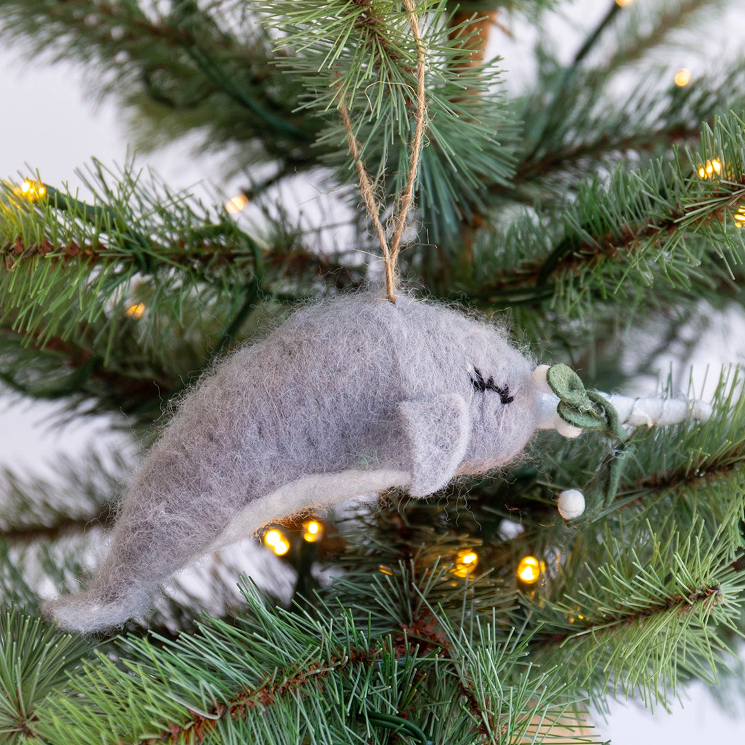 Felt Narwhal with Mistletoe Ornament