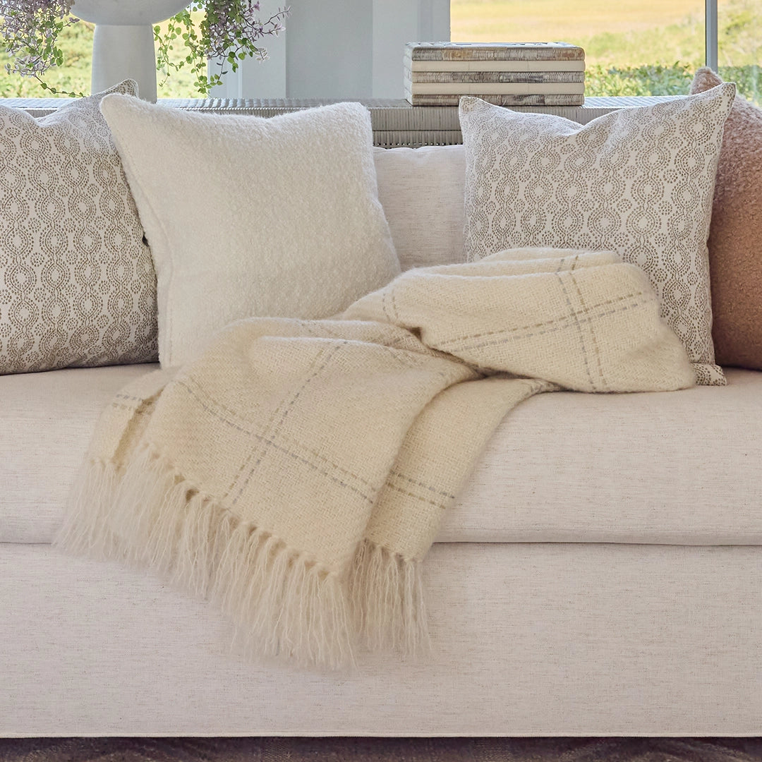 Ivory Neutral Windowpane Handwoven Mohair Throw