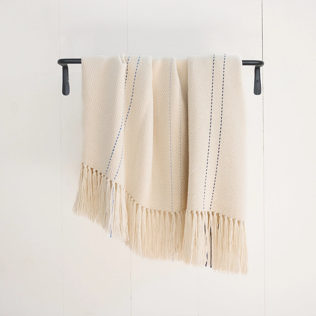 Ivory with Blue Accents Alpaca Handwoven Short Warp Throw