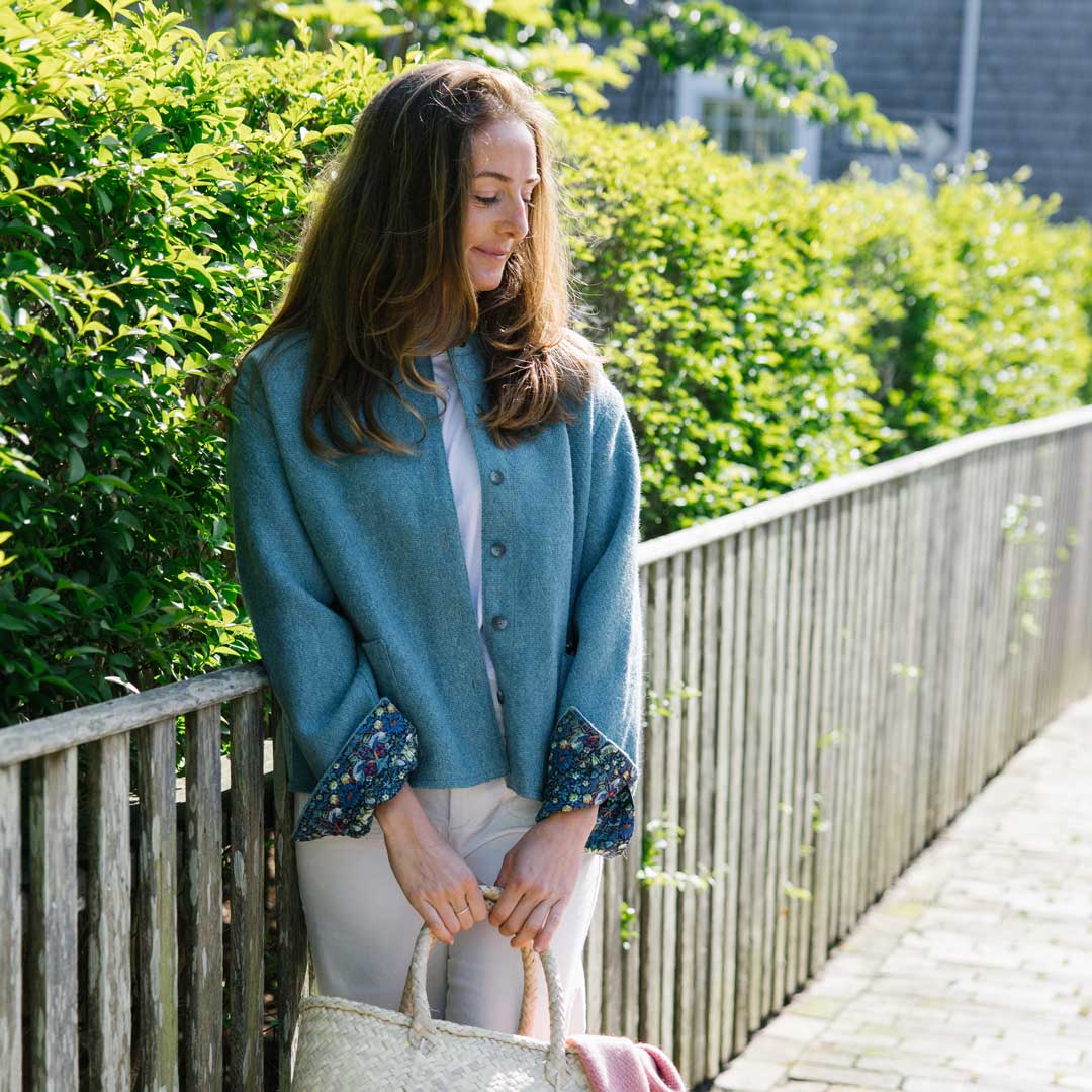 Blue-Green Tweed Cropped Mandarin Collar CPO Jacket