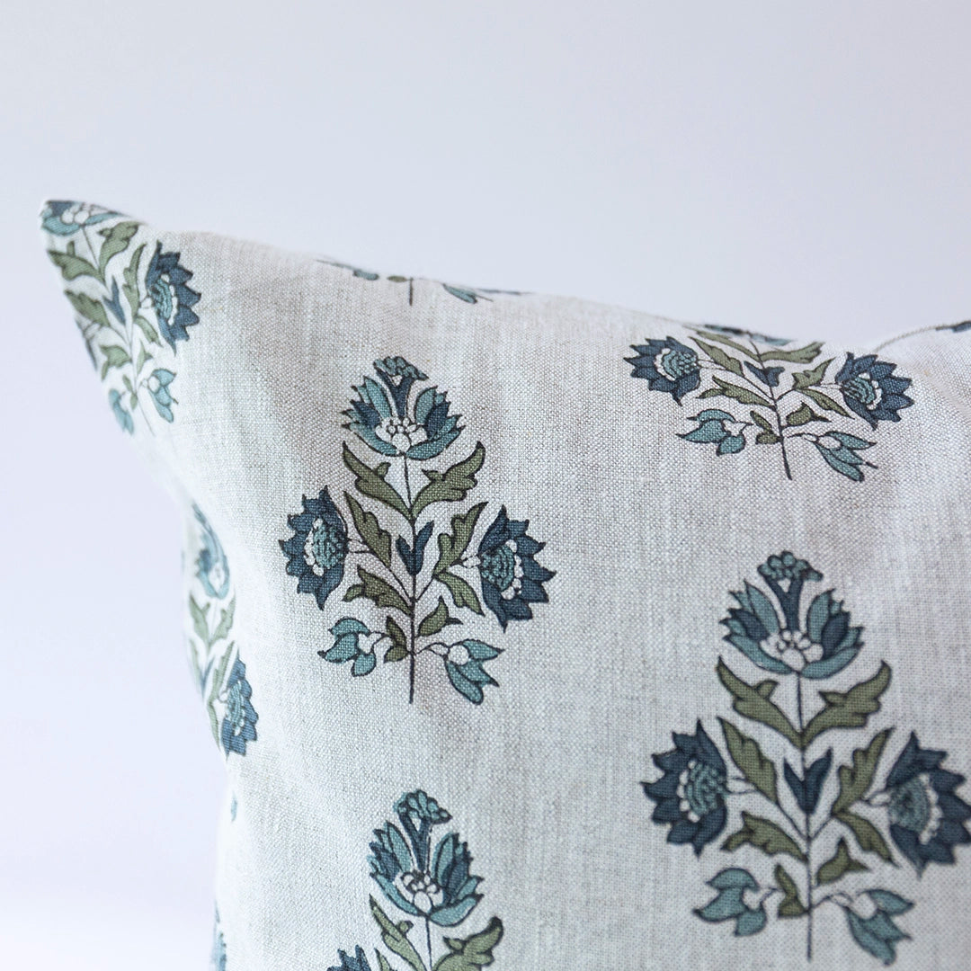 Blue Floral Linen Pillow