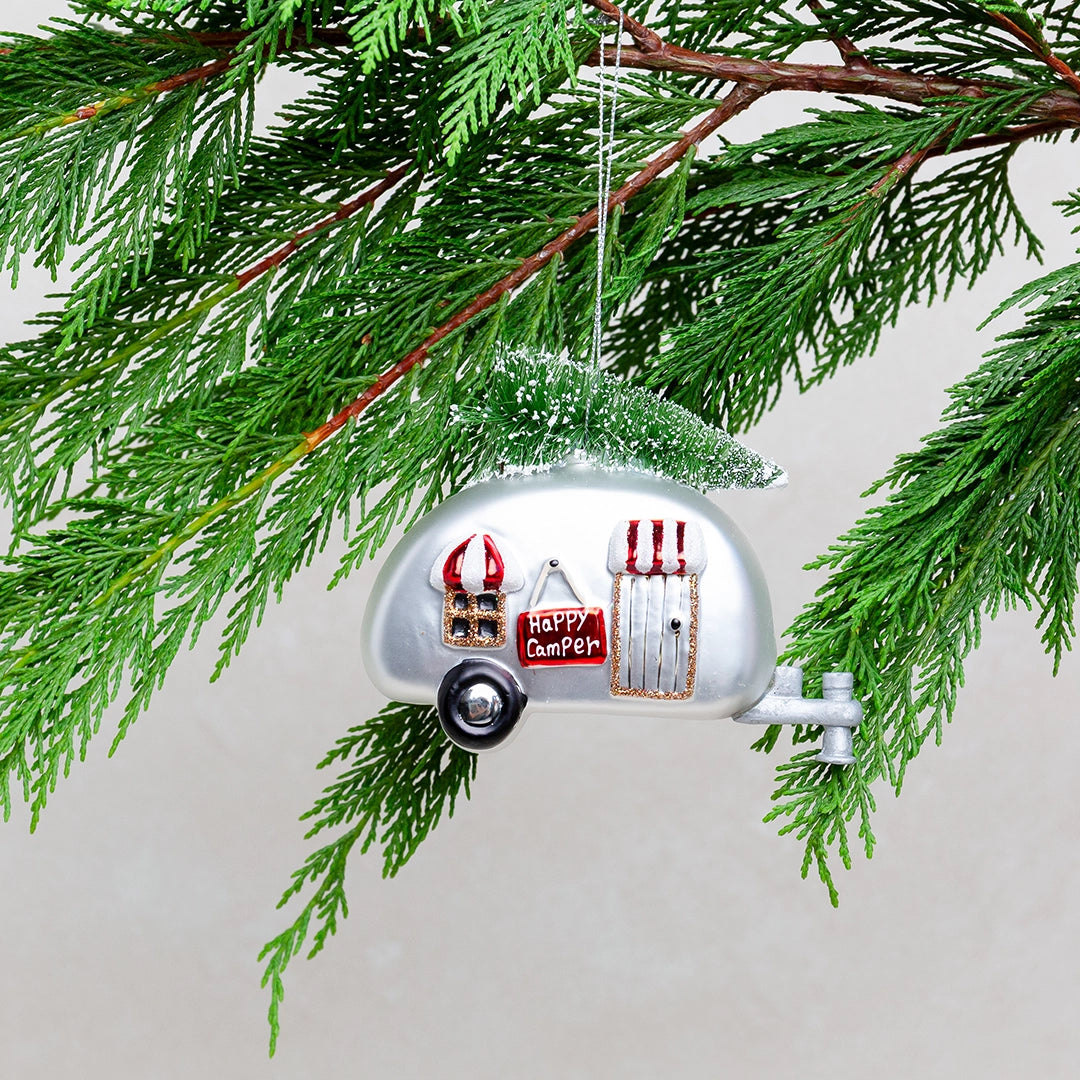 Glass Happy Camper Ornament