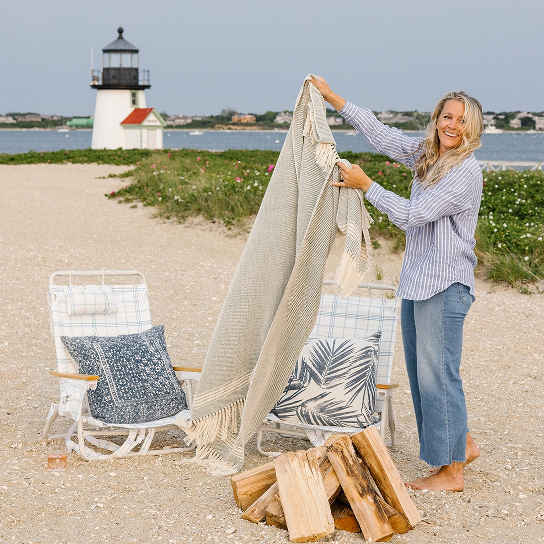 Seagreen and Ivory Stripe Handwoven Cotton Throw