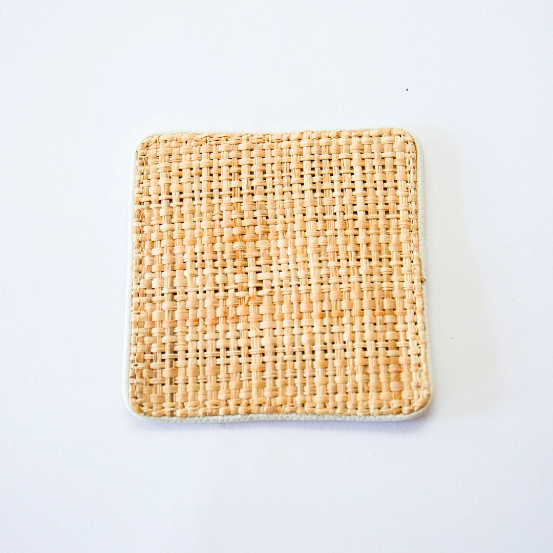 Natural Basket Weave & White Leather Coaster Set
