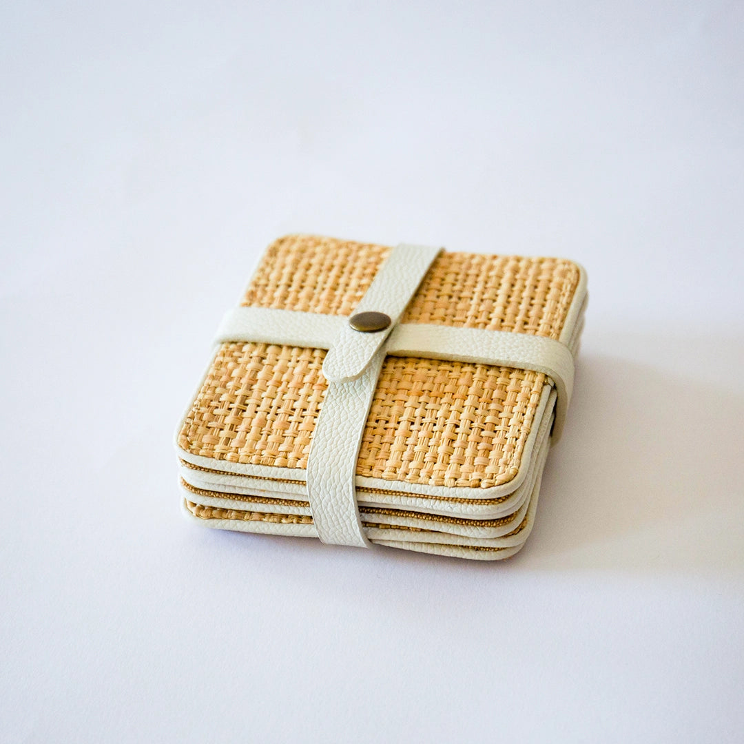 Natural Basket Weave & White Leather Coaster Set