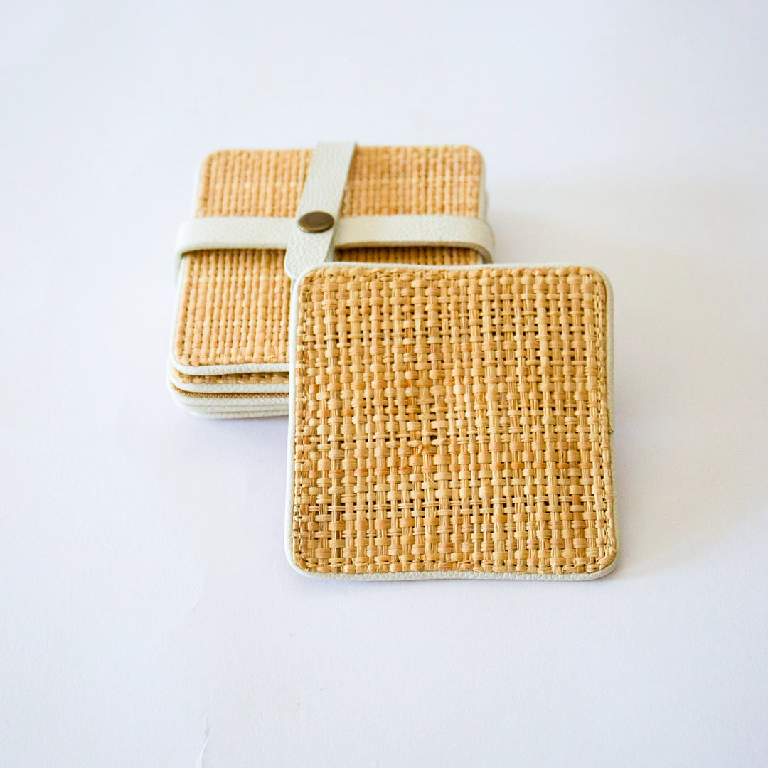 Natural Basket Weave & White Leather Coaster Set