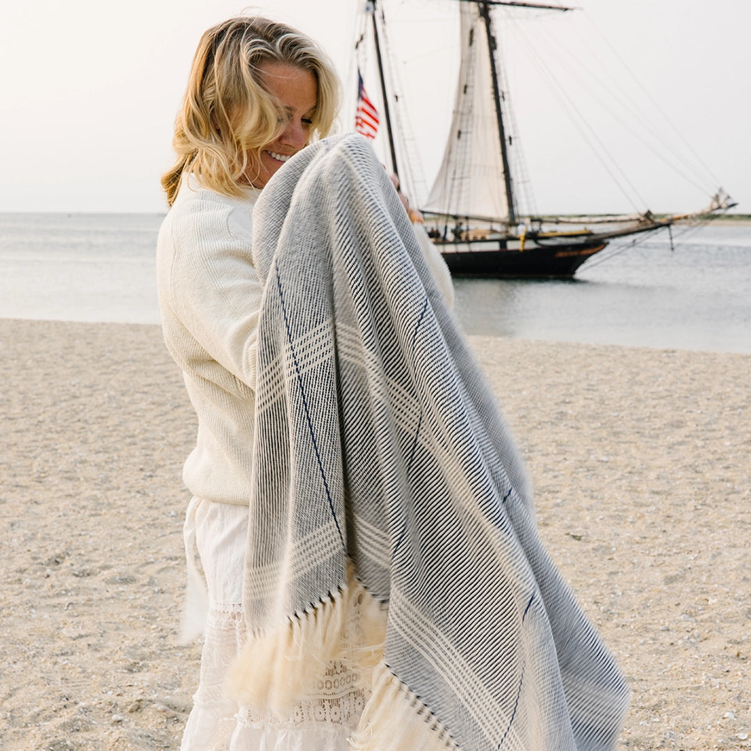 Navy & Ivory Stripe Handwoven Cotton Throw