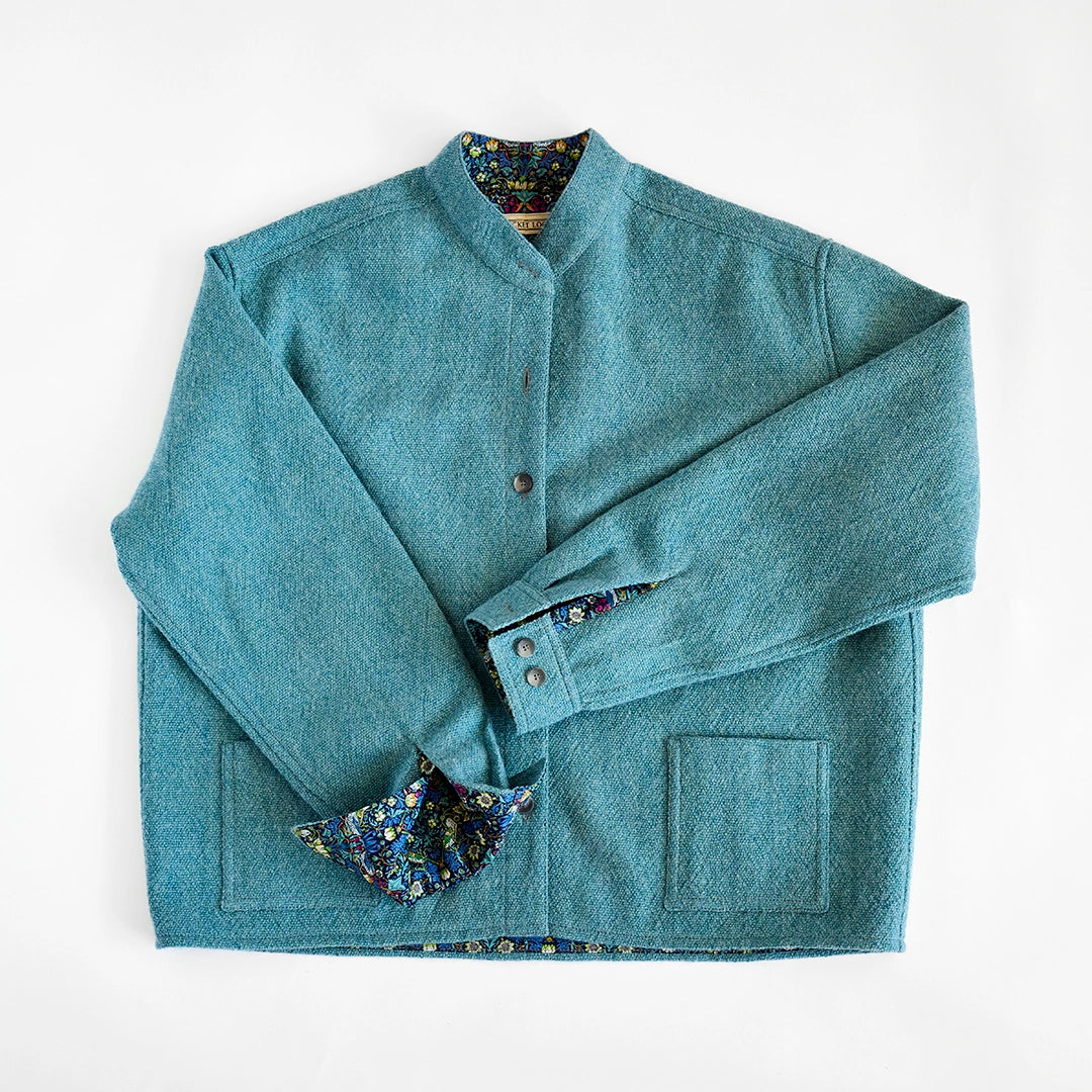 Ready To Wear Cropped Mandarin Collar CPO | Blue Green Tweed | Medium