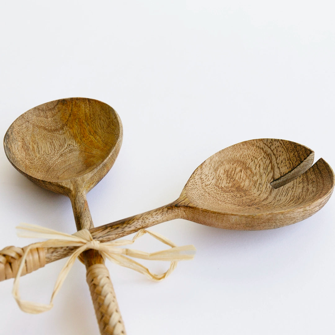 Wood and Rattan Salad Servers