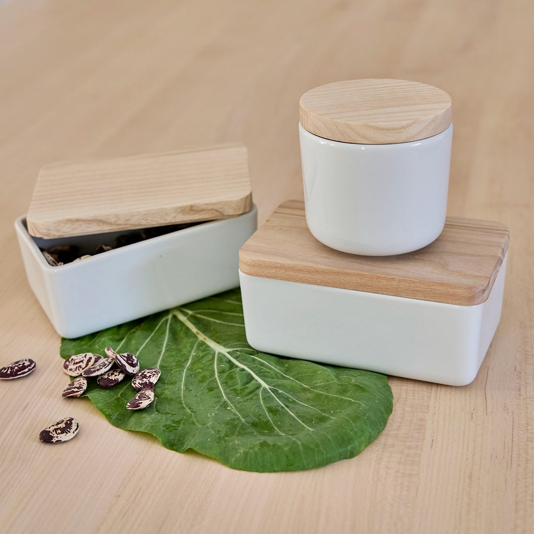 White Stoneware Canister with Wood Lid