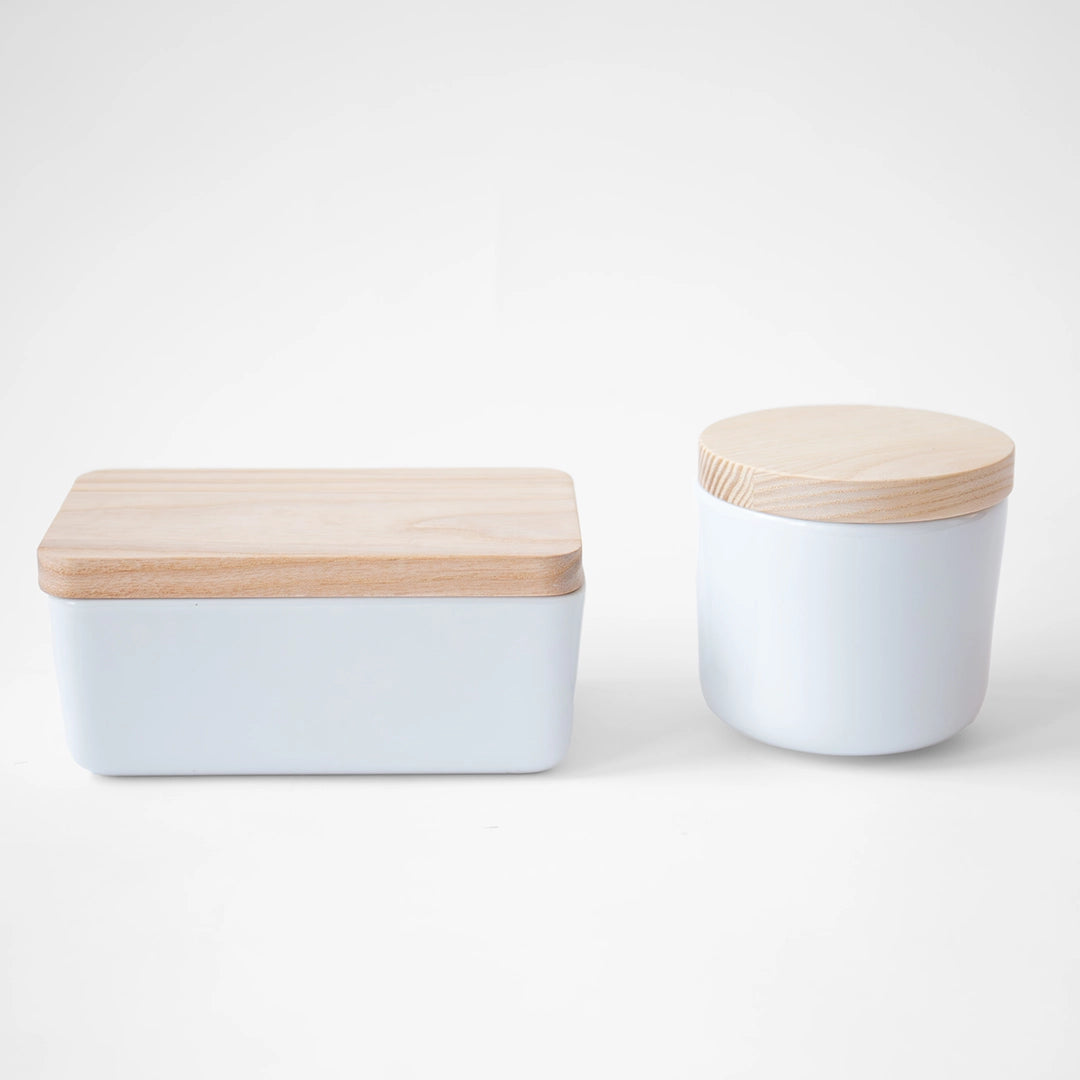 White Stoneware Canister with Wood Lid