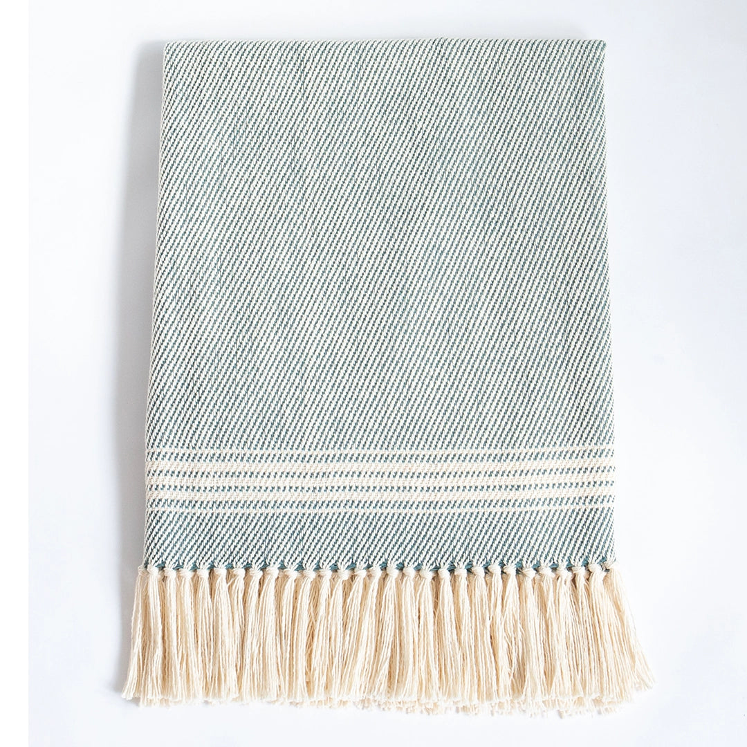 Seagreen and Ivory Stripe Handwoven Cotton Throw