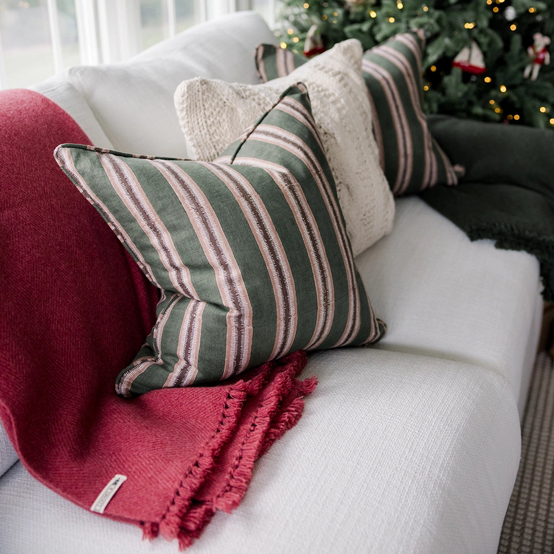 Green Striped Rosewood Linen Pillow