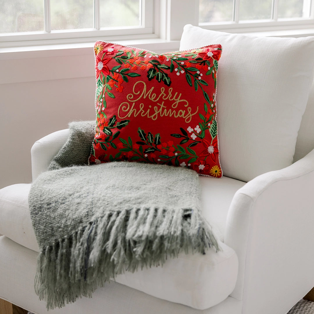 Floral "Merry Christmas" Pillow
