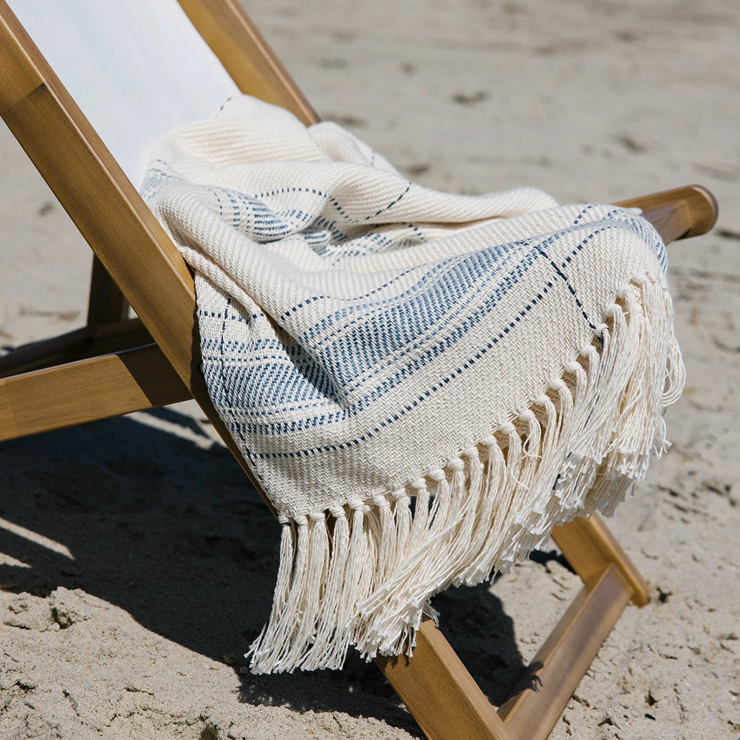 Ivory and Blue Striped Handwoven Cotton Throw