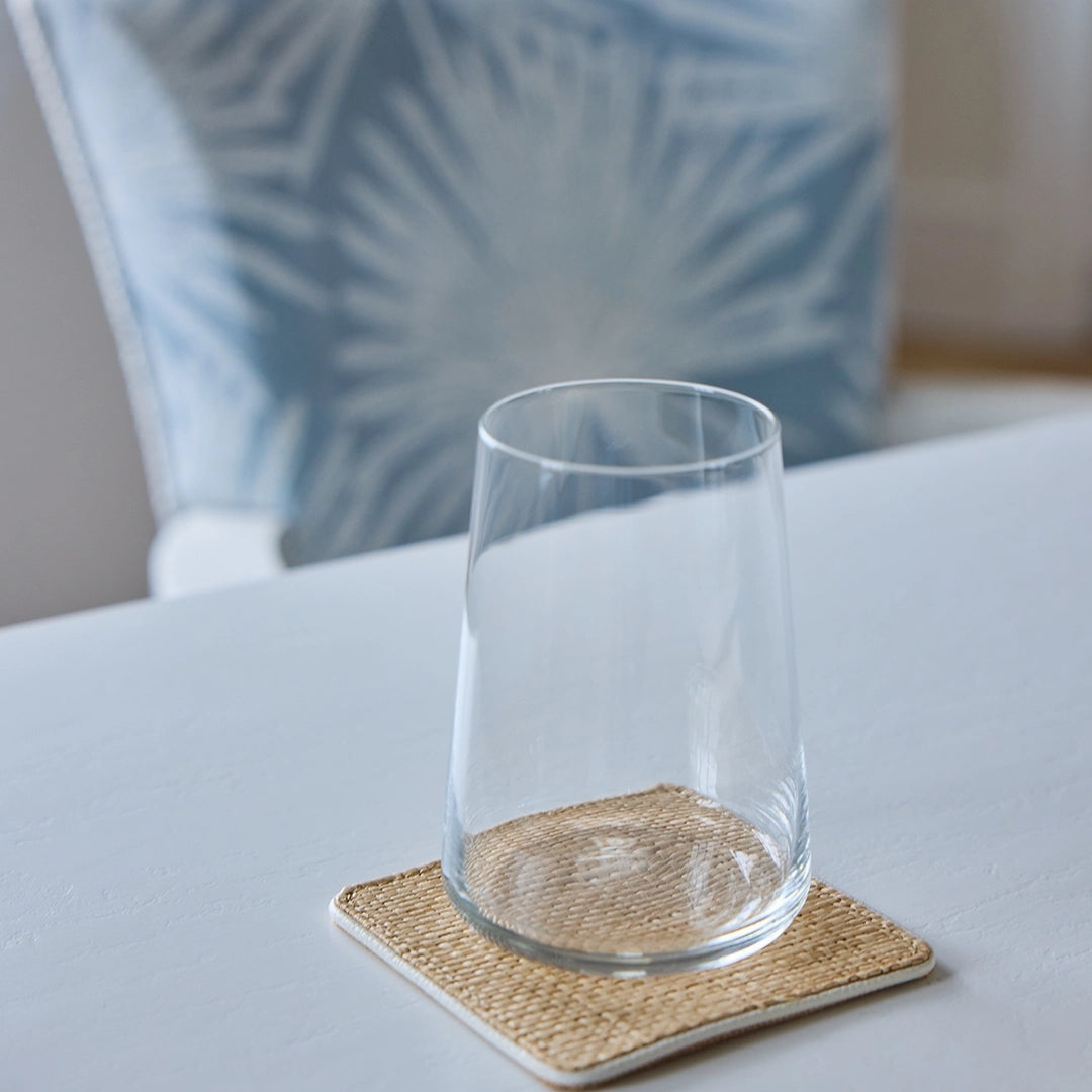 Natural Basket Weave & White Leather Coaster Set