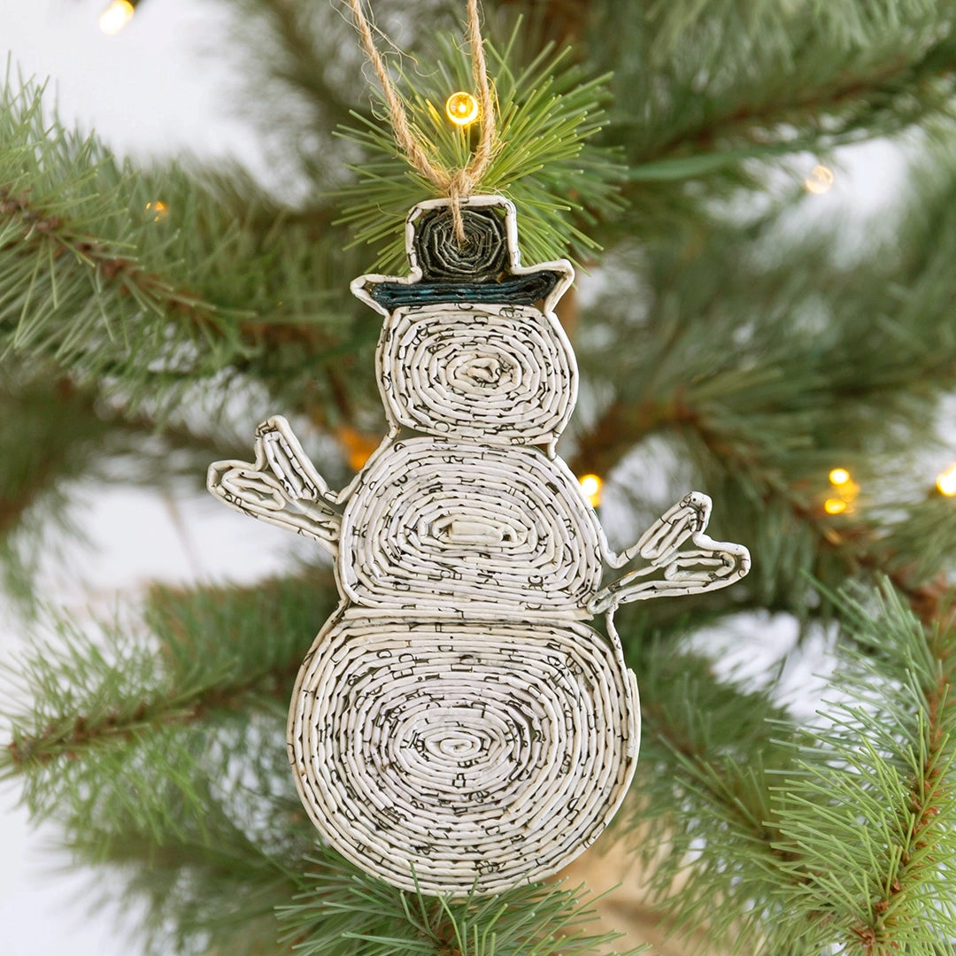 Recycled Newspaper Snowman Ornament
