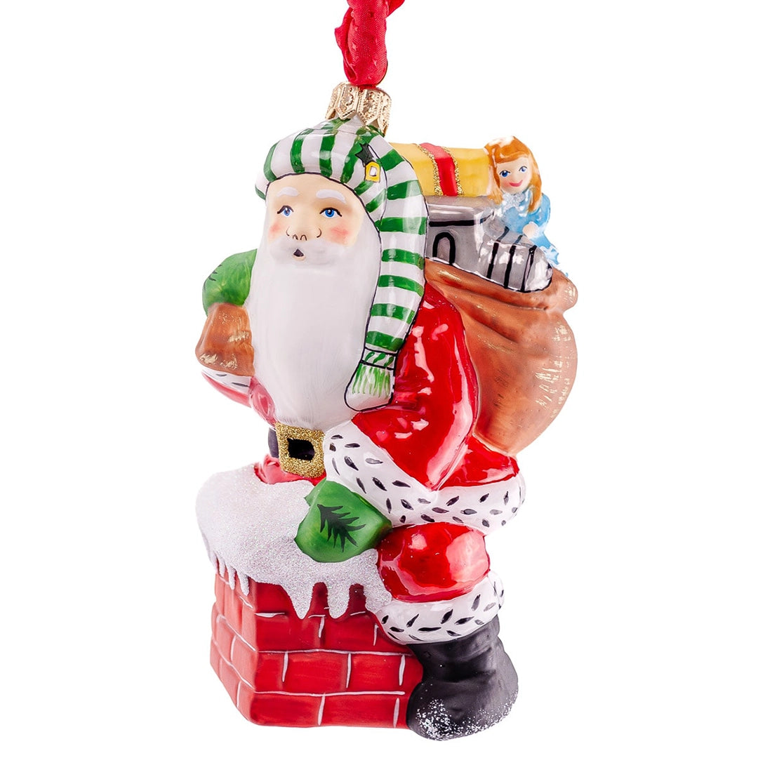 Vaillancourt Santa Delivering Gifts Down the Chimney Ornament