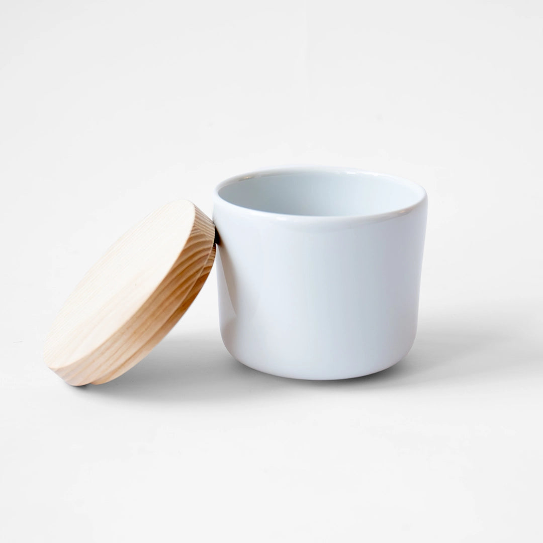 White Stoneware Canister with Wood Lid