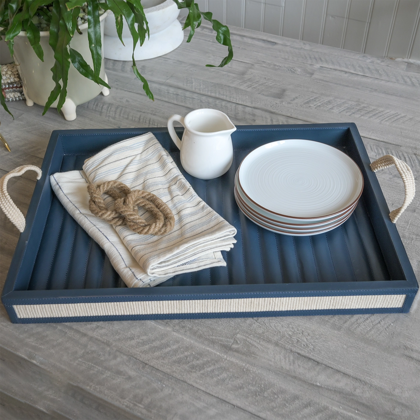 Navy Leather Trays with Cotton Handles