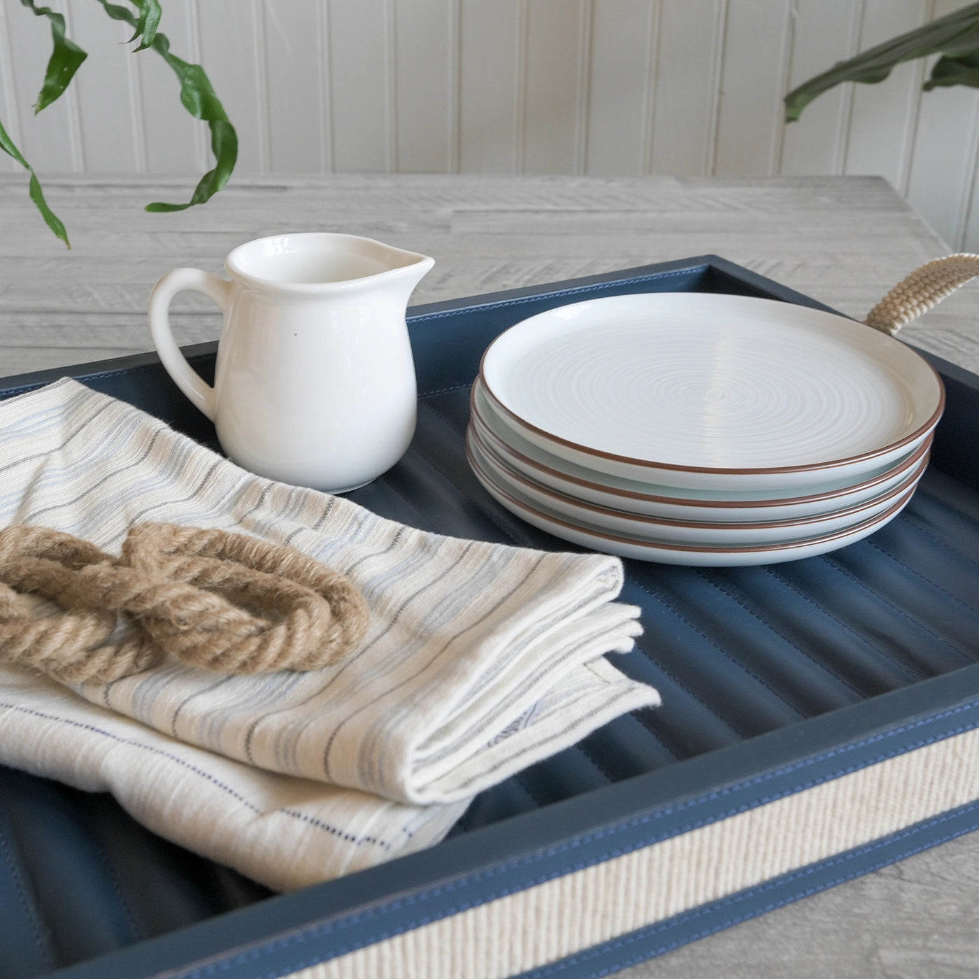 Navy Leather Trays with Cotton Handles
