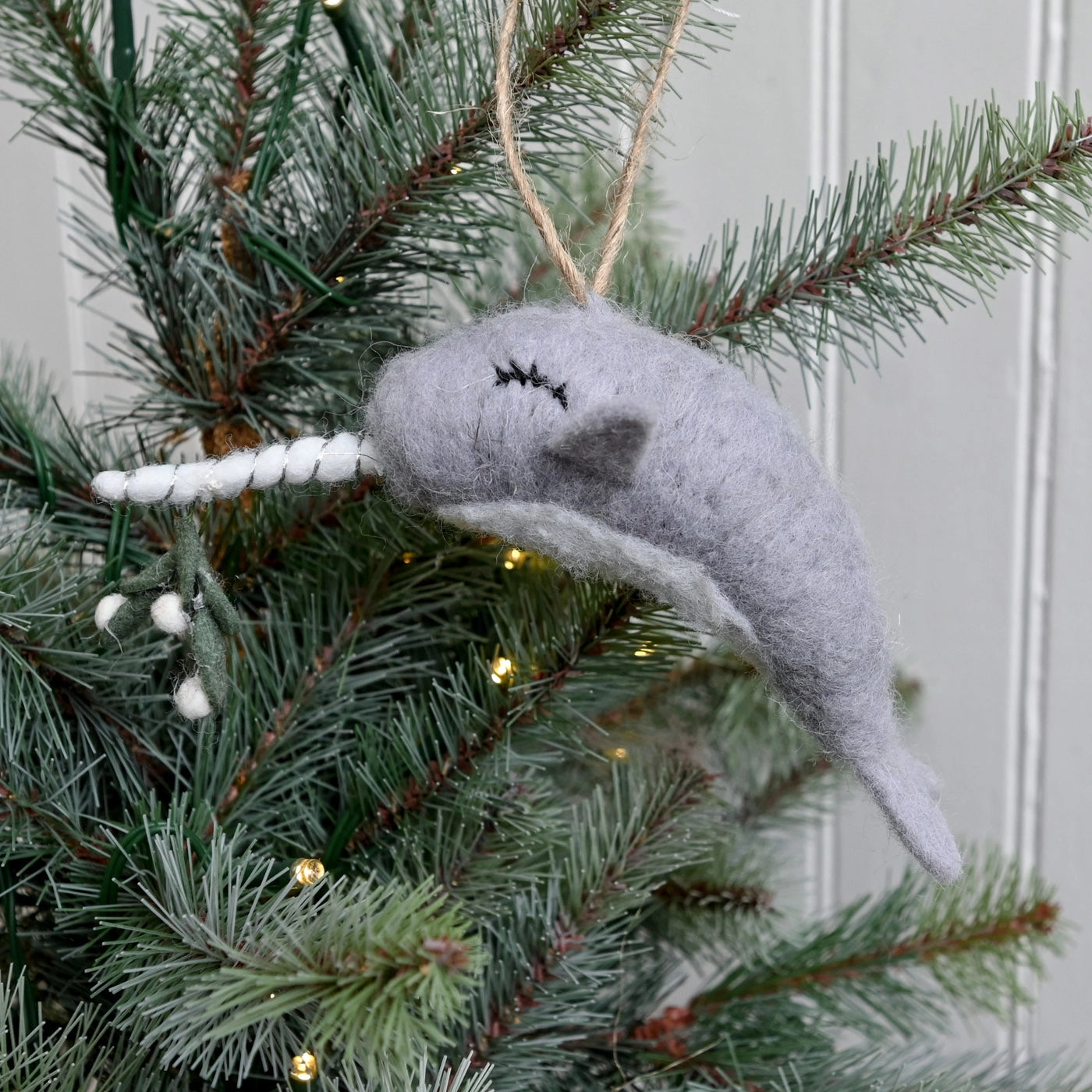 Felt Narwhal with Mistletoe Ornament