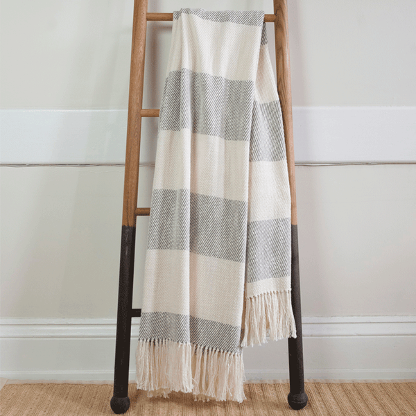 Gray White Cabana Stripe Handwoven Cotton Throw Nantucket Looms